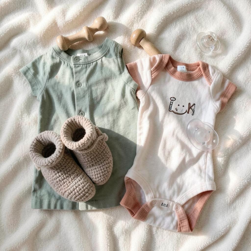 A flat lay of baby essentials on a soft cream blanket